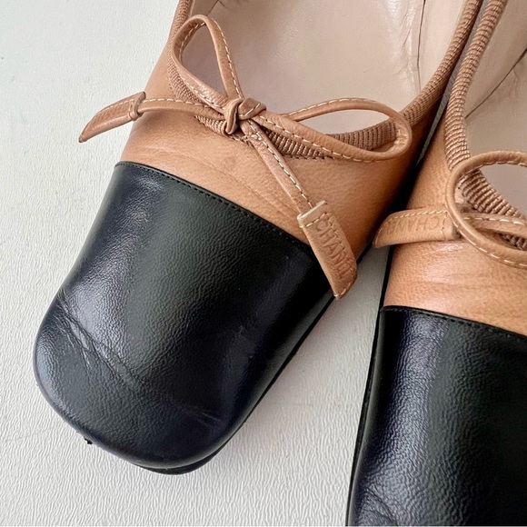 CHANEL | Vintage Beige & Black Leather Cap Toe Square Pumps Bow Logo EU 37.5 - Picture 6 of 16
